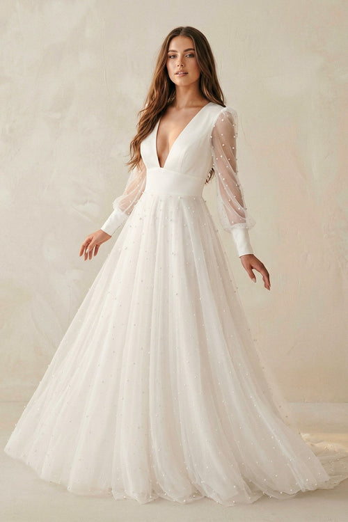 A Line V Neck Long Sleeves Tulle Wedding Dress - KissProm Wedding Dresses