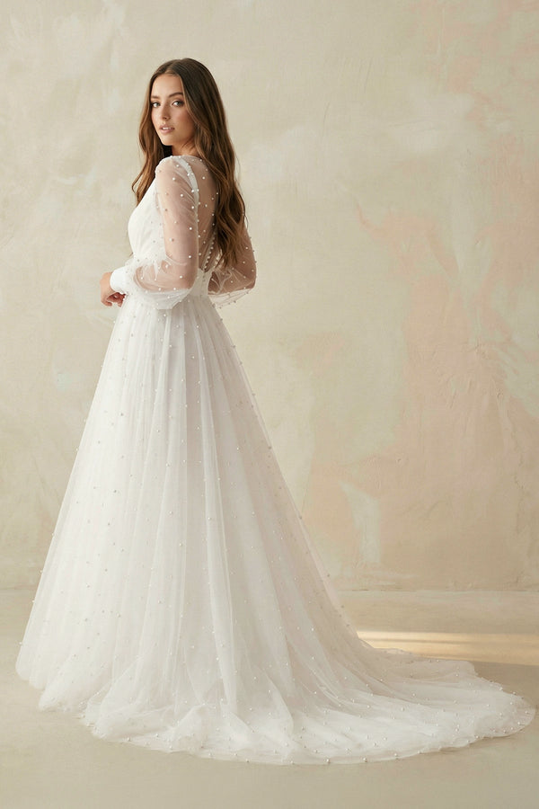 A Line V Neck Long Sleeves Tulle Wedding Dress - KissProm Wedding Dresses
