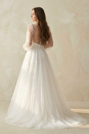 A Line V Neck Long Sleeves Tulle Wedding Dress - KissProm Wedding Dresses