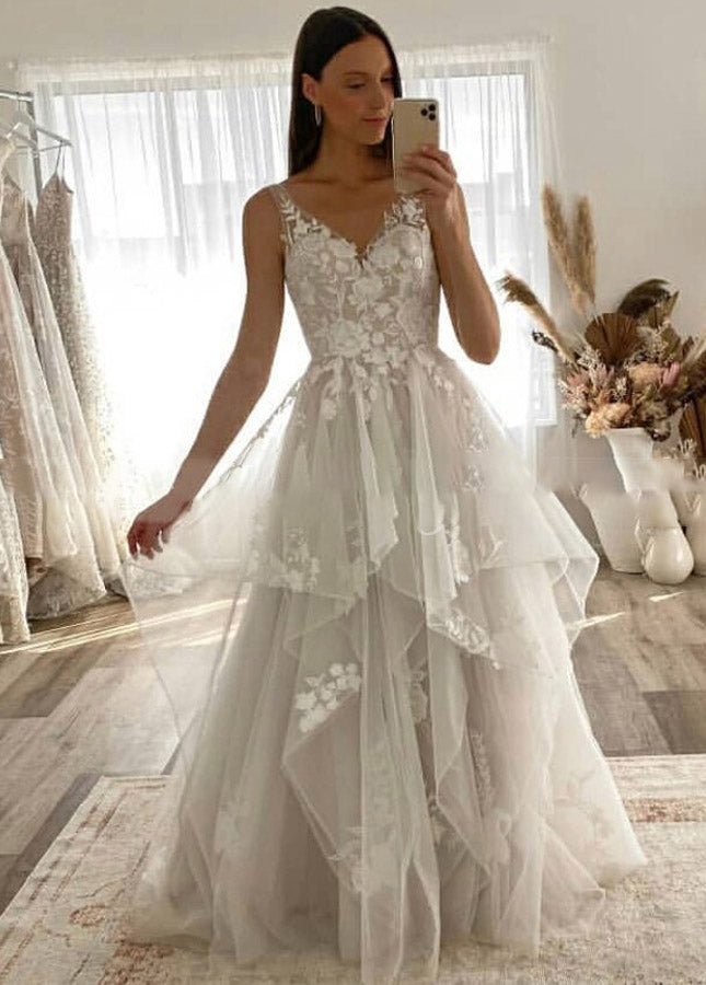 knee length dresses for ladies Gorgeous Lace Nude Lining Spaghetti Strap Mermaid Train Wedding Dresse –  AlineBridal main image 0