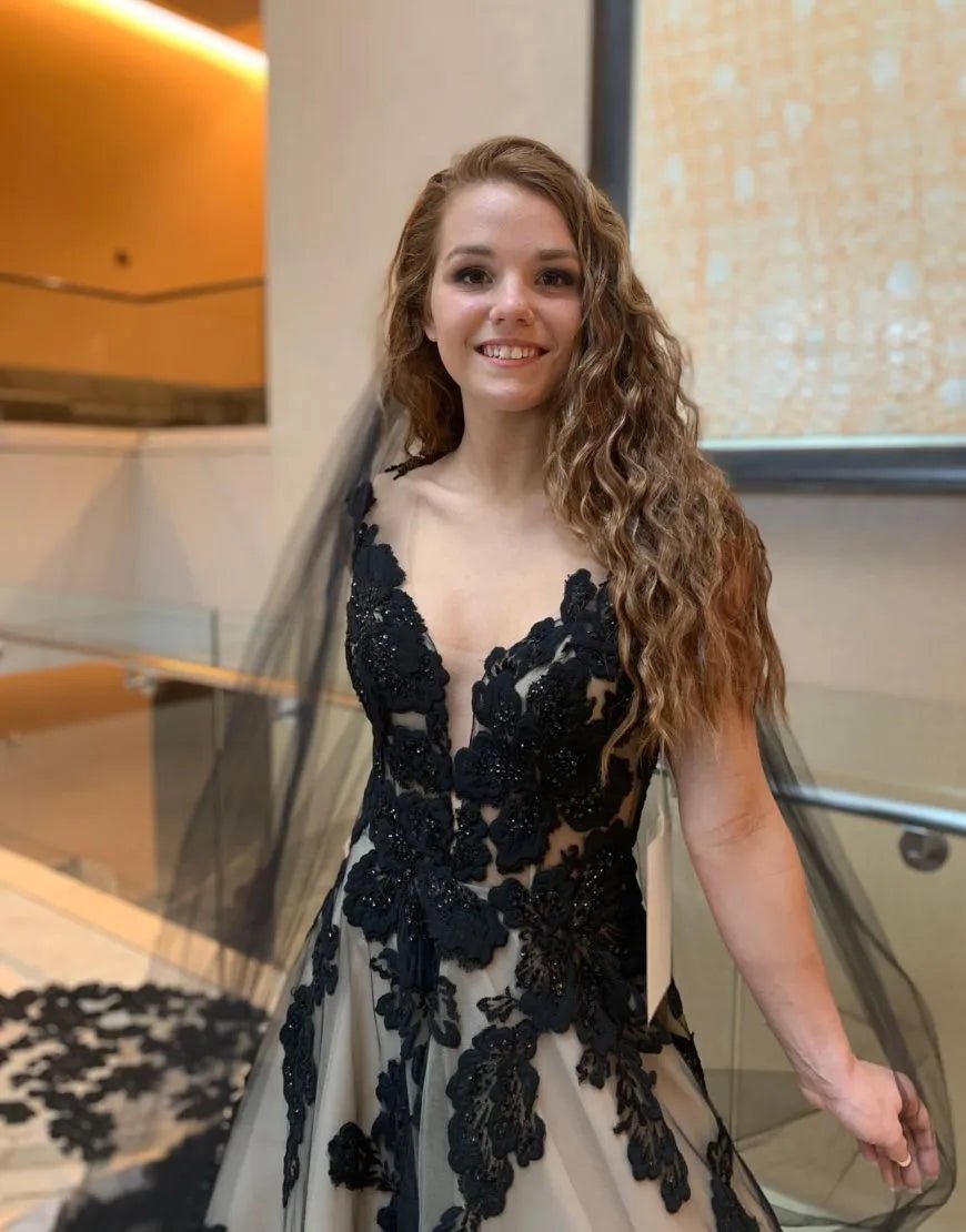 A-Line V-Neck Open Back Court Train Black Wedding Dress With Veil