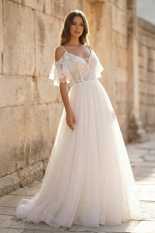 A - line V - neck Pearl Embellished Tulle Lace Floor Length Prom Dresses - KissProm