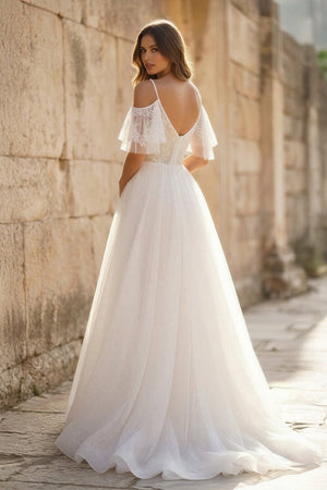 A - line V - neck Pearl Embellished Tulle Lace Floor Length Prom Dresses - KissProm