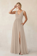A - Line V - Neck Pleated Chiffon Bridesmaid Dress in Almond - KissProm Bridesmaid Dresses