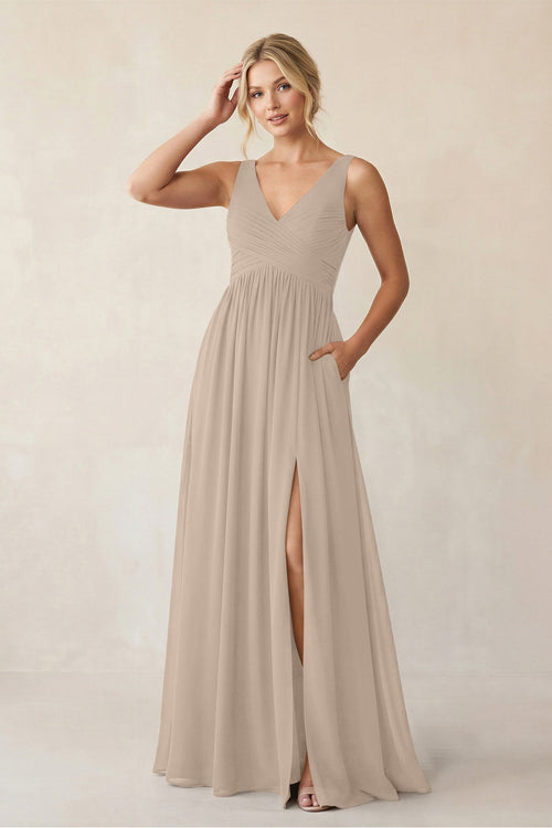 A - Line V - Neck Pleated Chiffon Bridesmaid Dress in Almond - KissProm Bridesmaid Dresses