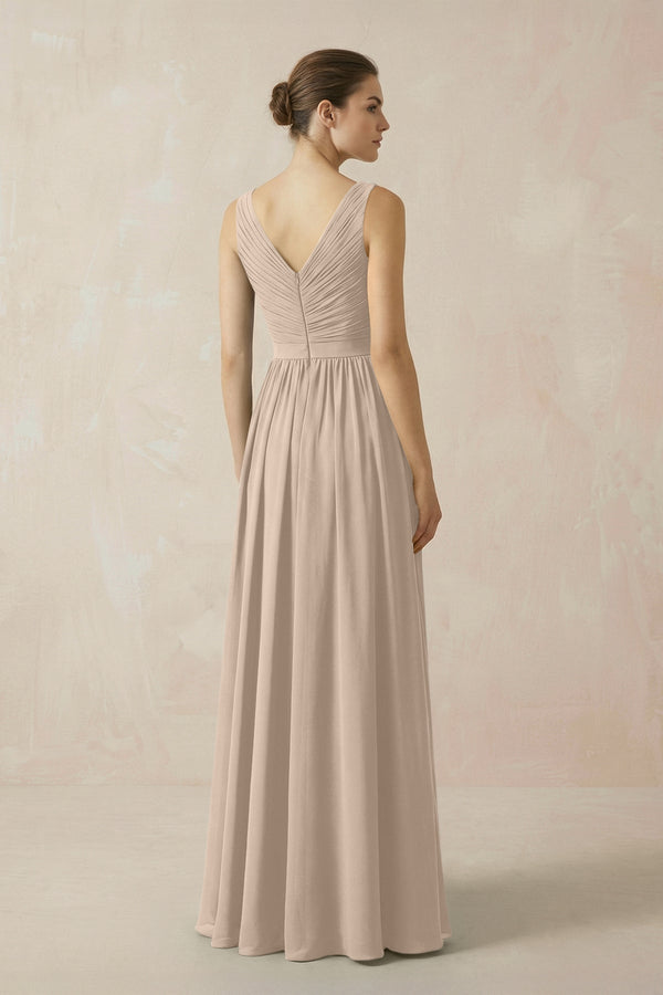 A-Line V-Neck Pleated Chiffon Bridesmaid Dress in Almond - KissProm BRIDESMAID DRESSES