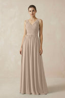 A-Line V-Neck Pleated Chiffon Bridesmaid Dress in Almond - KissProm BRIDESMAID DRESSES