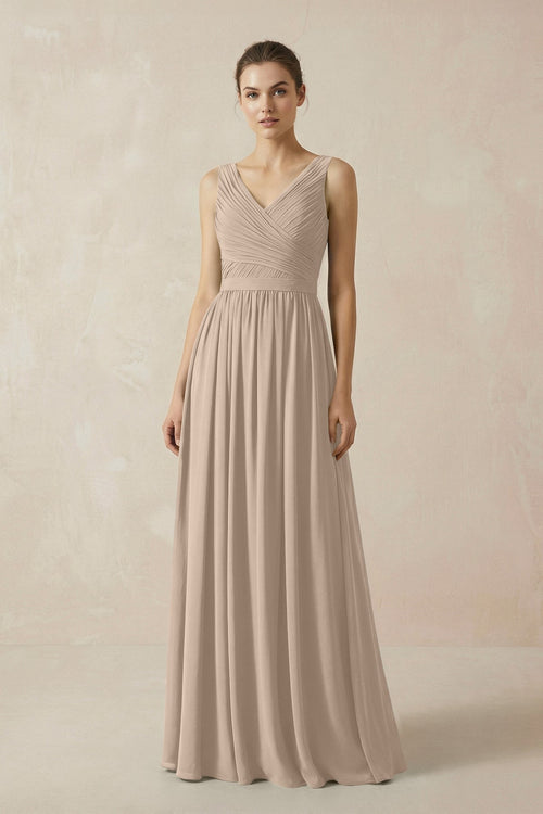 A-Line V-Neck Pleated Chiffon Bridesmaid Dress in Almond - KissProm BRIDESMAID DRESSES