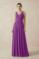 A-Line V-Neck Pleated Chiffon Bridesmaid Dress in Amethyst - KissProm BRIDESMAID DRESSES
