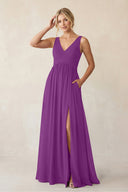 A - Line V - Neck Pleated Chiffon Bridesmaid Dress in Amethyst - KissProm Bridesmaid Dresses