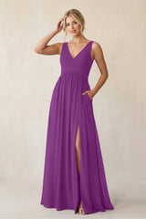 A - Line V - Neck Pleated Chiffon Bridesmaid Dress in Amethyst - KissProm Bridesmaid Dresses