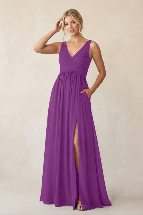 A - Line V - Neck Pleated Chiffon Bridesmaid Dress in Amethyst - KissProm Bridesmaid Dresses
