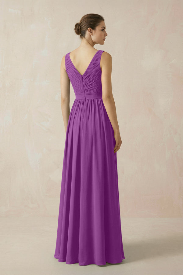 A-Line V-Neck Pleated Chiffon Bridesmaid Dress in Amethyst - KissProm BRIDESMAID DRESSES
