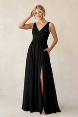 A - Line V - Neck Pleated Chiffon Bridesmaid Dress in Black - KissProm Bridesmaid Dresses