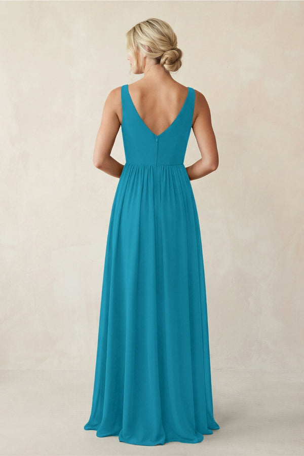 A - Line V - Neck Pleated Chiffon Bridesmaid Dress in Blue Jay - KissProm Bridesmaid Dresses