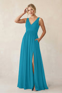 A - Line V - Neck Pleated Chiffon Bridesmaid Dress in Blue Jay - KissProm Bridesmaid Dresses
