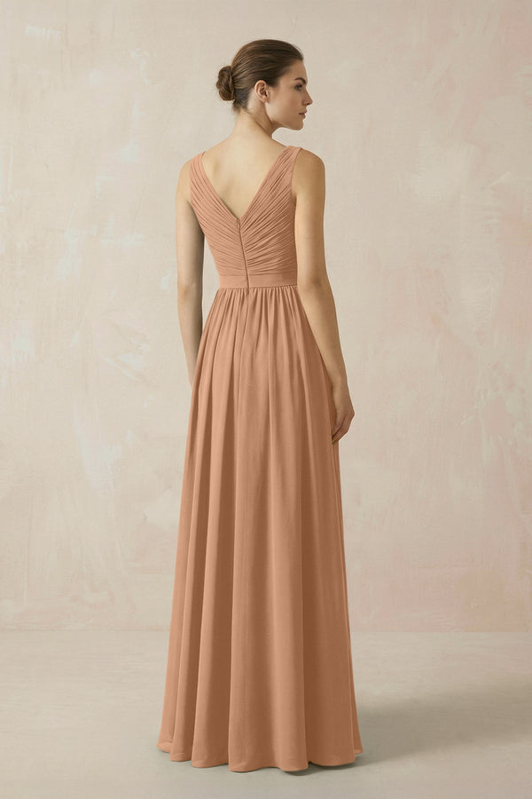 A-Line V-Neck Pleated Chiffon Bridesmaid Dress in Bronzer - KissProm BRIDESMAID DRESSES