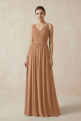A-Line V-Neck Pleated Chiffon Bridesmaid Dress in Bronzer - KissProm BRIDESMAID DRESSES