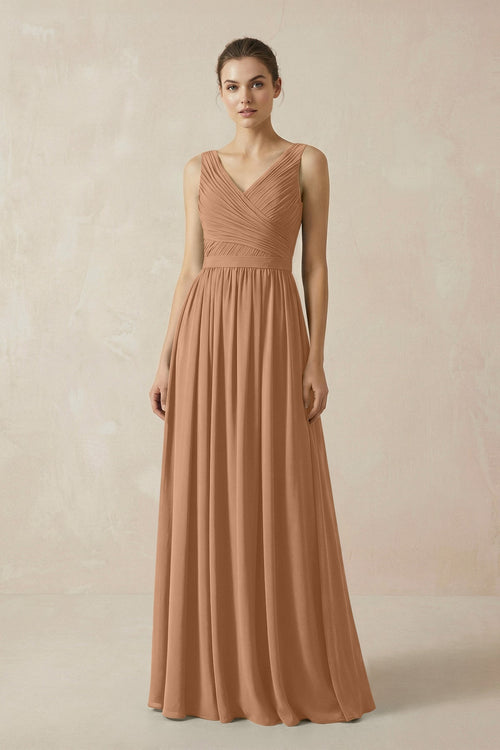 A-Line V-Neck Pleated Chiffon Bridesmaid Dress in Bronzer - KissProm BRIDESMAID DRESSES