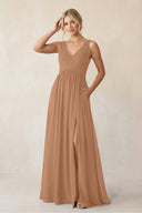 A - Line V - Neck Pleated Chiffon Bridesmaid Dress in Bronzer - KissProm Bridesmaid Dresses