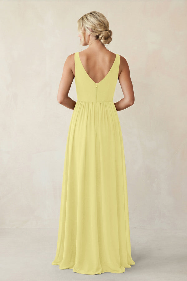 A - Line V - Neck Pleated Chiffon Bridesmaid Dress in Buttercup - KissProm Bridesmaid Dresses