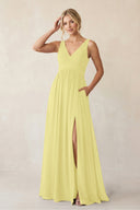A - Line V - Neck Pleated Chiffon Bridesmaid Dress in Buttercup - KissProm Bridesmaid Dresses