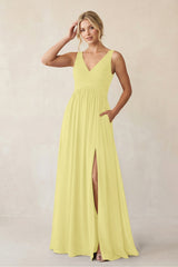 A - Line V - Neck Pleated Chiffon Bridesmaid Dress in Buttercup - KissProm Bridesmaid Dresses