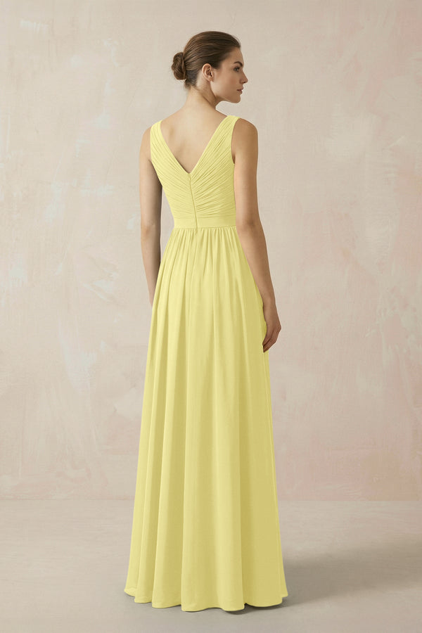 A-Line V-Neck Pleated Chiffon Bridesmaid Dress in Buttercup - KissProm BRIDESMAID DRESSES