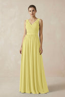 A-Line V-Neck Pleated Chiffon Bridesmaid Dress in Buttercup - KissProm BRIDESMAID DRESSES