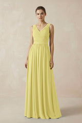 A-Line V-Neck Pleated Chiffon Bridesmaid Dress in Buttercup - KissProm BRIDESMAID DRESSES
