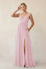 A - Line V - Neck Pleated Chiffon Bridesmaid Dress in Candy Pink - KissProm Bridesmaid Dresses