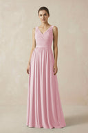 A-Line V-Neck Pleated Chiffon Bridesmaid Dress in Candy Pink - KissProm BRIDESMAID DRESSES