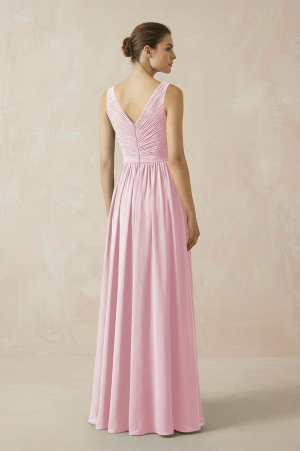 A-Line V-Neck Pleated Chiffon Bridesmaid Dress in Candy Pink - KissProm BRIDESMAID DRESSES