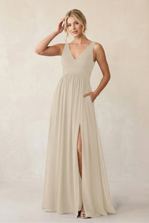A - Line V - Neck Pleated Chiffon Bridesmaid Dress in Champagne - KissProm Bridesmaid Dresses