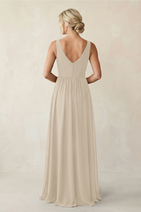 A - Line V - Neck Pleated Chiffon Bridesmaid Dress in Champagne - KissProm Bridesmaid Dresses