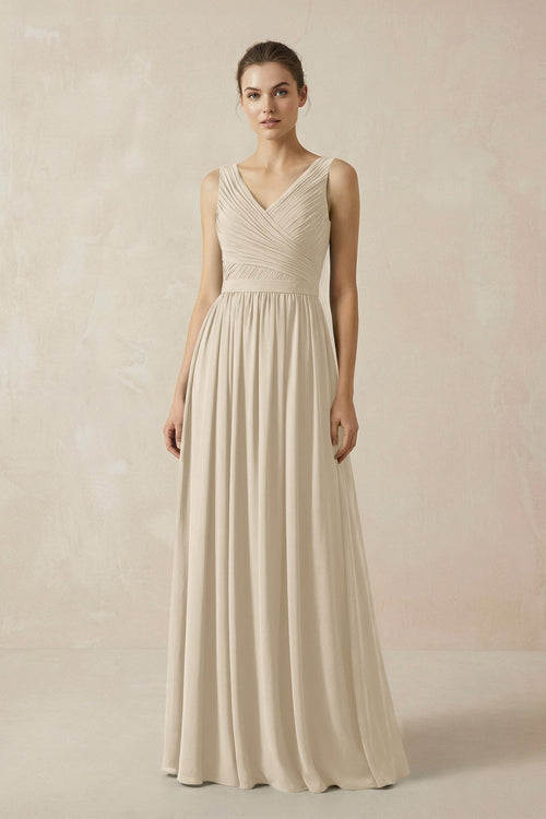 A-Line V-Neck Pleated Chiffon Bridesmaid Dress in Champagne - KissProm BRIDESMAID DRESSES