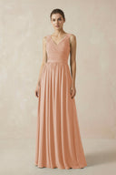 A-Line V-Neck Pleated Chiffon Bridesmaid Dress in Champagne Rose - KissProm BRIDESMAID DRESSES