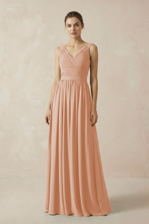 A-Line V-Neck Pleated Chiffon Bridesmaid Dress in Champagne Rose - KissProm BRIDESMAID DRESSES