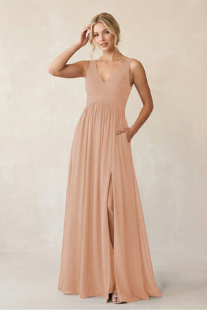A - Line V - Neck Pleated Chiffon Bridesmaid Dress in Champagne Rose - KissProm Bridesmaid Dresses