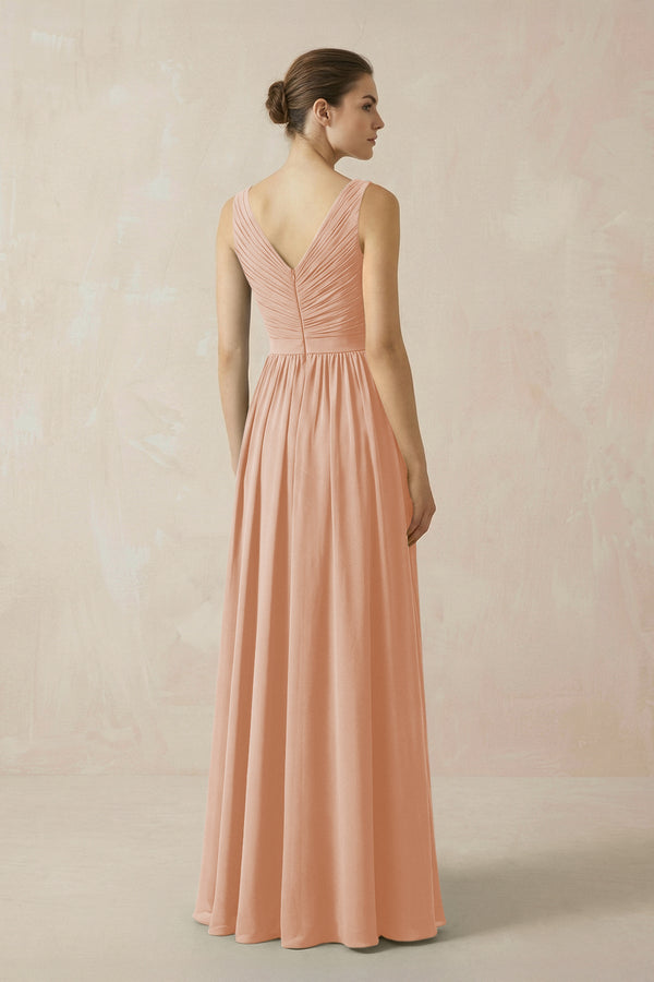 A-Line V-Neck Pleated Chiffon Bridesmaid Dress in Champagne Rose - KissProm BRIDESMAID DRESSES