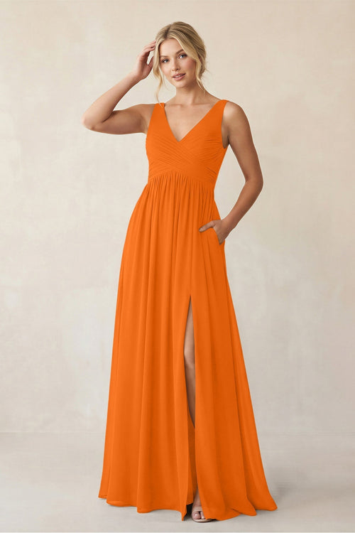 A - Line V - Neck Pleated Chiffon Bridesmaid Dress in Cinnamon - KissProm Bridesmaid Dresses