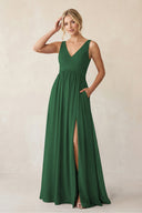 A - Line V - Neck Pleated Chiffon Bridesmaid Dress in Dark Green - KissProm Bridesmaid Dresses