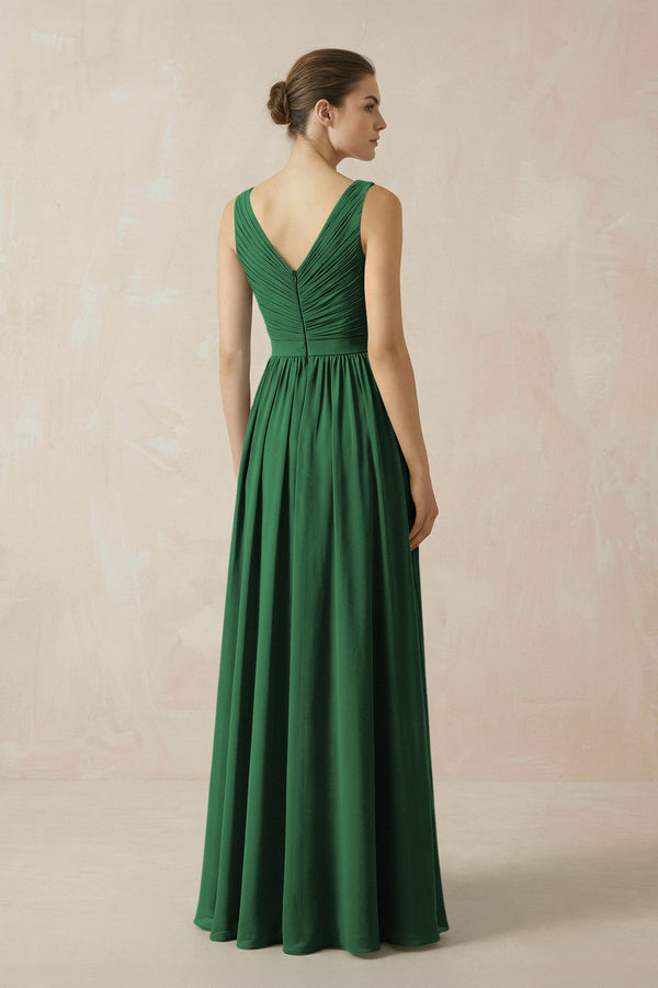 A-Line V-Neck Pleated Chiffon Bridesmaid Dress in Dark Green - KissProm BRIDESMAID DRESSES