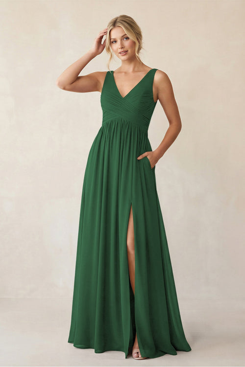 A - Line V - Neck Pleated Chiffon Bridesmaid Dress in Dark Green - KissProm Bridesmaid Dresses