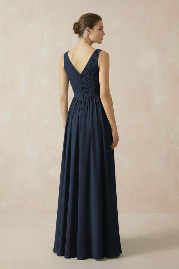 A-Line V-Neck Pleated Chiffon Bridesmaid Dress in Dark Navy - KissProm BRIDESMAID DRESSES