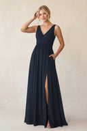 A - Line V - Neck Pleated Chiffon Bridesmaid Dress in Dark Navy - KissProm Bridesmaid Dresses