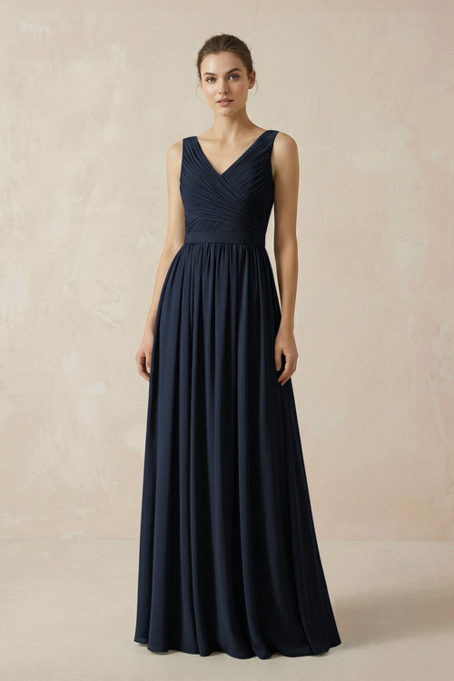 A-Line V-Neck Pleated Chiffon Bridesmaid Dress in Dark Navy - KissProm BRIDESMAID DRESSES