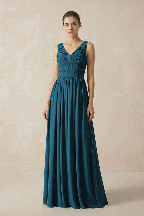 A-Line V-Neck Pleated Chiffon Bridesmaid Dress in Dark Teal - KissProm BRIDESMAID DRESSES