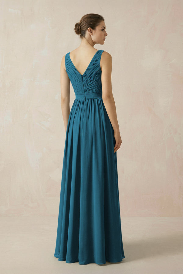 A-Line V-Neck Pleated Chiffon Bridesmaid Dress in Dark Teal - KissProm BRIDESMAID DRESSES