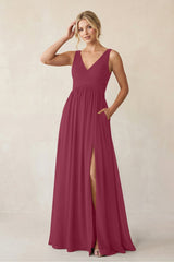 A - Line V - Neck Pleated Chiffon Bridesmaid Dress in Desert Rose - KissProm Bridesmaid Dresses